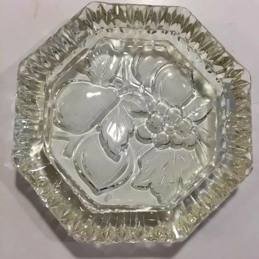 Vintage Table Ashtray Clear Glass Bottom Etched Fruit Octagon Shape‎ 3.8” Wide